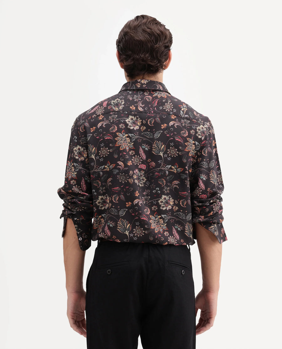 Rare Rabbit Men's Reed Black Viscose Fabric Full Sleeve Spread Collar Regular Floral Print Shirt
