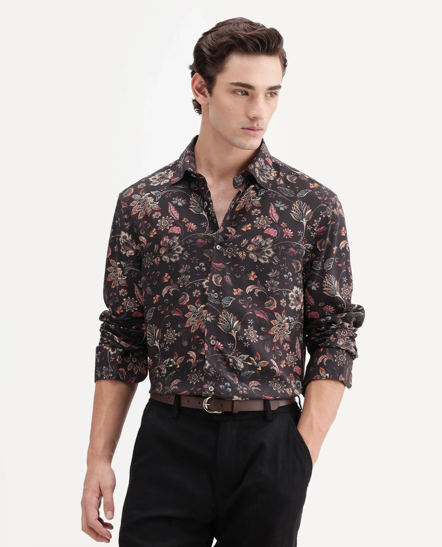 Rare Rabbit Men's Reed Black Viscose Fabric Full Sleeve Spread Collar Regular Floral Print Shirt