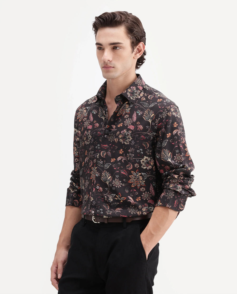 Rare Rabbit Men's Reed Black Viscose Fabric Full Sleeve Spread Collar Regular Floral Print Shirt