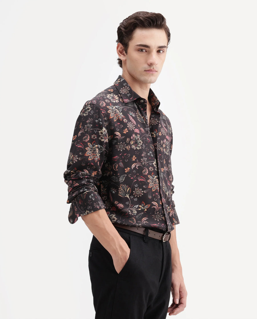 Rare Rabbit Men's Reed Black Viscose Fabric Full Sleeve Spread Collar Regular Floral Print Shirt