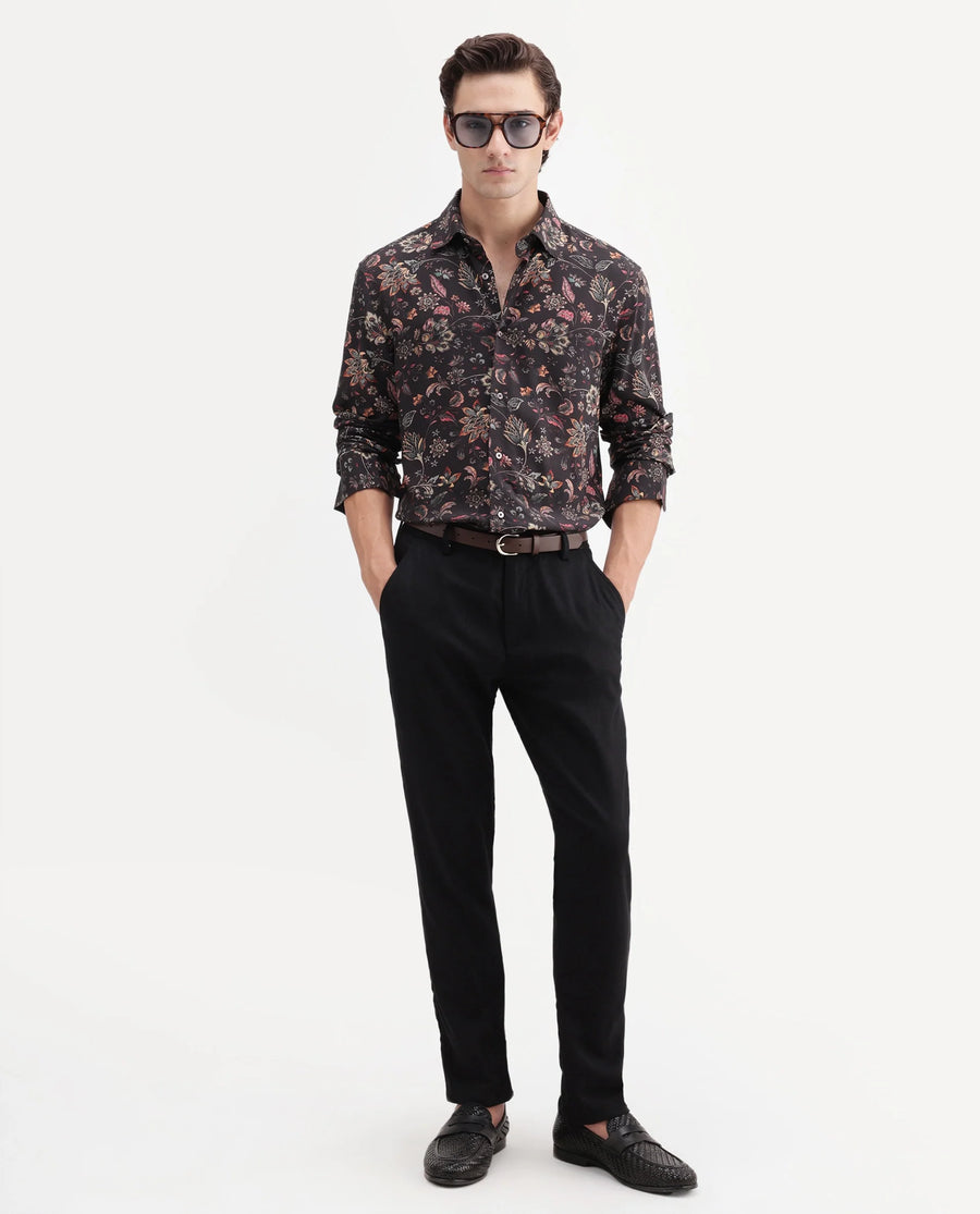 Rare Rabbit Men's Reed Black Viscose Fabric Full Sleeve Spread Collar Regular Floral Print Shirt