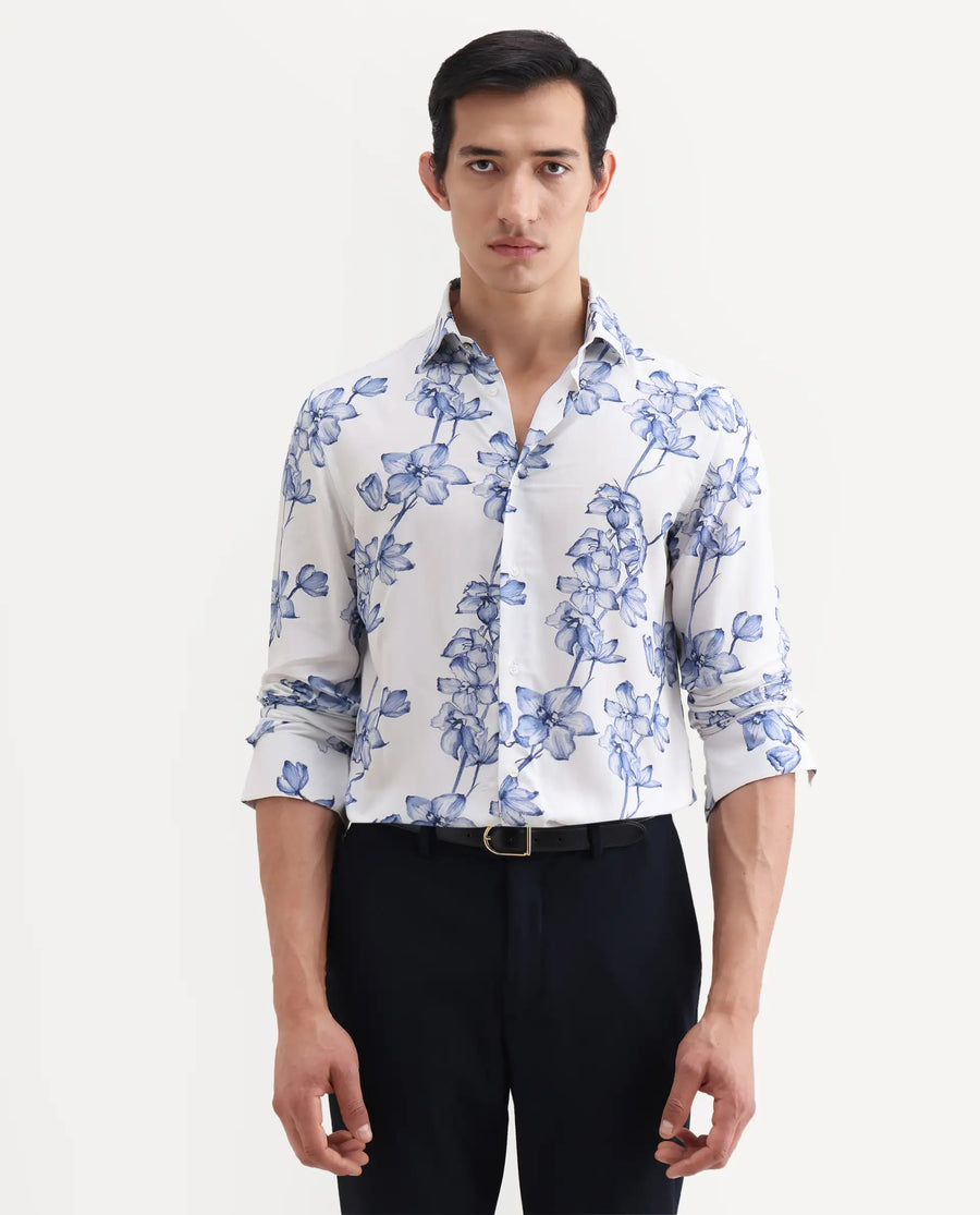Rare Rabbit Men's Fuso White Viscose Fabric Full Sleeve Spread Collar Regular Floral Print Shirt