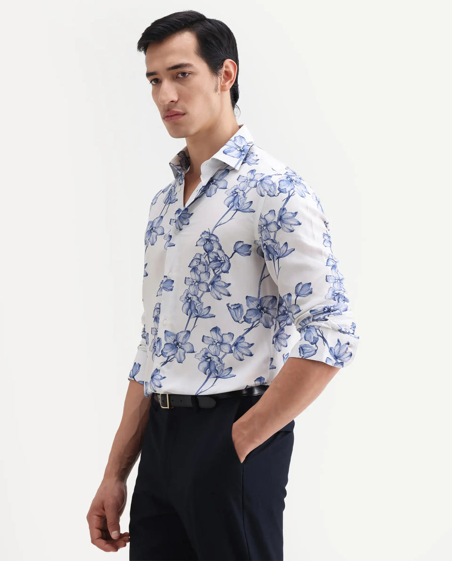 Rare Rabbit Men's Fuso White Viscose Fabric Full Sleeve Spread Collar Regular Floral Print Shirt
