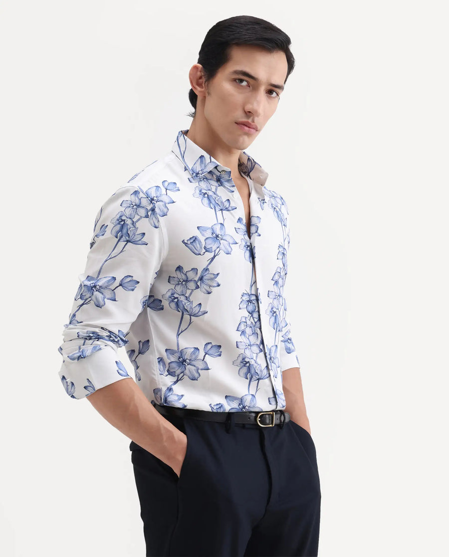 Rare Rabbit Men's Fuso White Viscose Fabric Full Sleeve Spread Collar Regular Floral Print Shirt