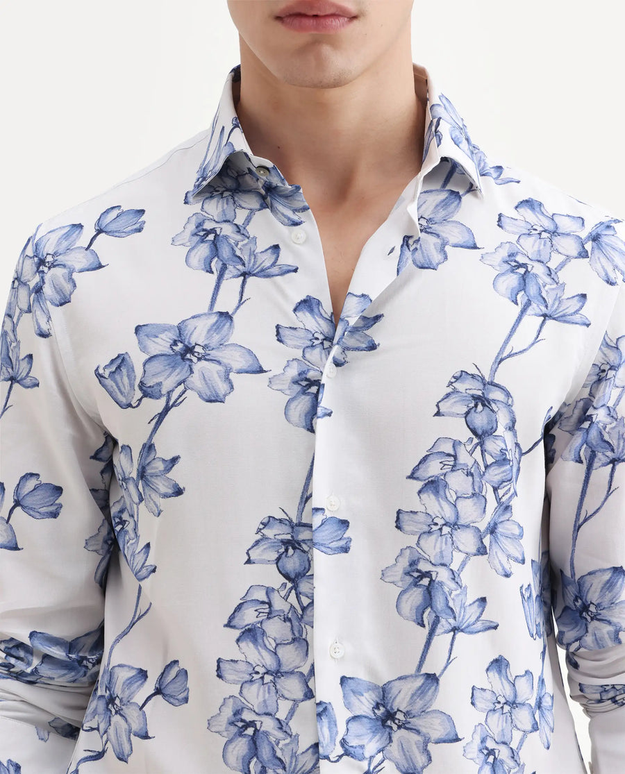 Rare Rabbit Men's Fuso White Viscose Fabric Full Sleeve Spread Collar Regular Floral Print Shirt