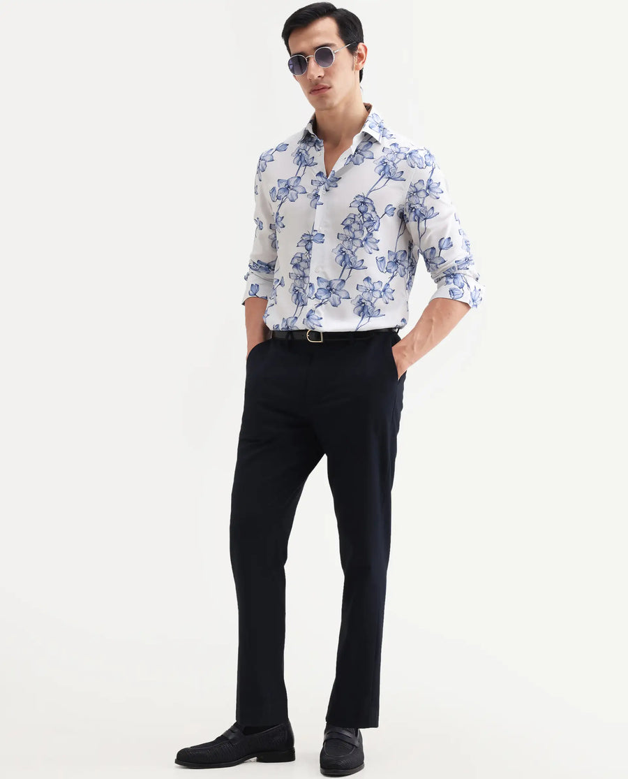 Rare Rabbit Men's Fuso White Viscose Fabric Full Sleeve Spread Collar Regular Floral Print Shirt