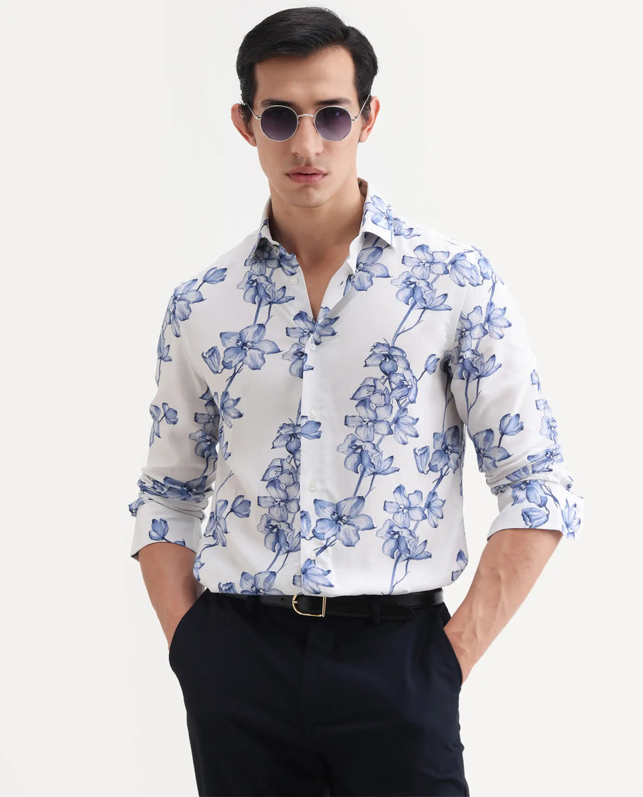 Rare Rabbit Men's Fuso White Viscose Fabric Full Sleeve Spread Collar Regular Floral Print Shirt