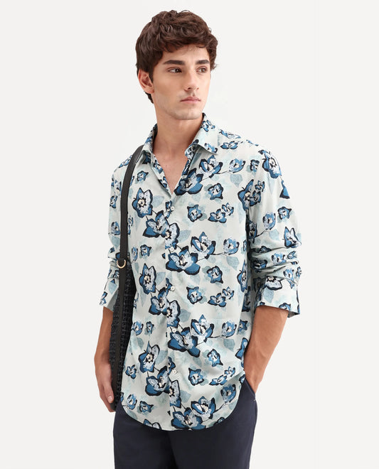 Rare Rabbit Men's Mura Light Blue Viscose Fabric Full Sleeve Spread Collar Regular Floral Print Shirt