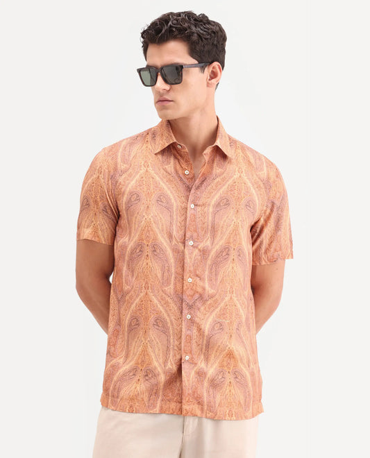 Rare Rabbit Men's Moru Beige Viscose Fabric Full Sleeve Spread Collar Regular Paisley Print Shirt