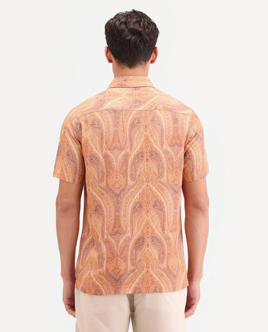 Rare Rabbit Men's Moru Beige Viscose Fabric Full Sleeve Spread Collar Regular Paisley Print Shirt