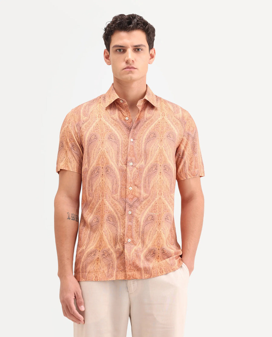 Rare Rabbit Men's Moru Beige Viscose Fabric Full Sleeve Spread Collar Regular Paisley Print Shirt