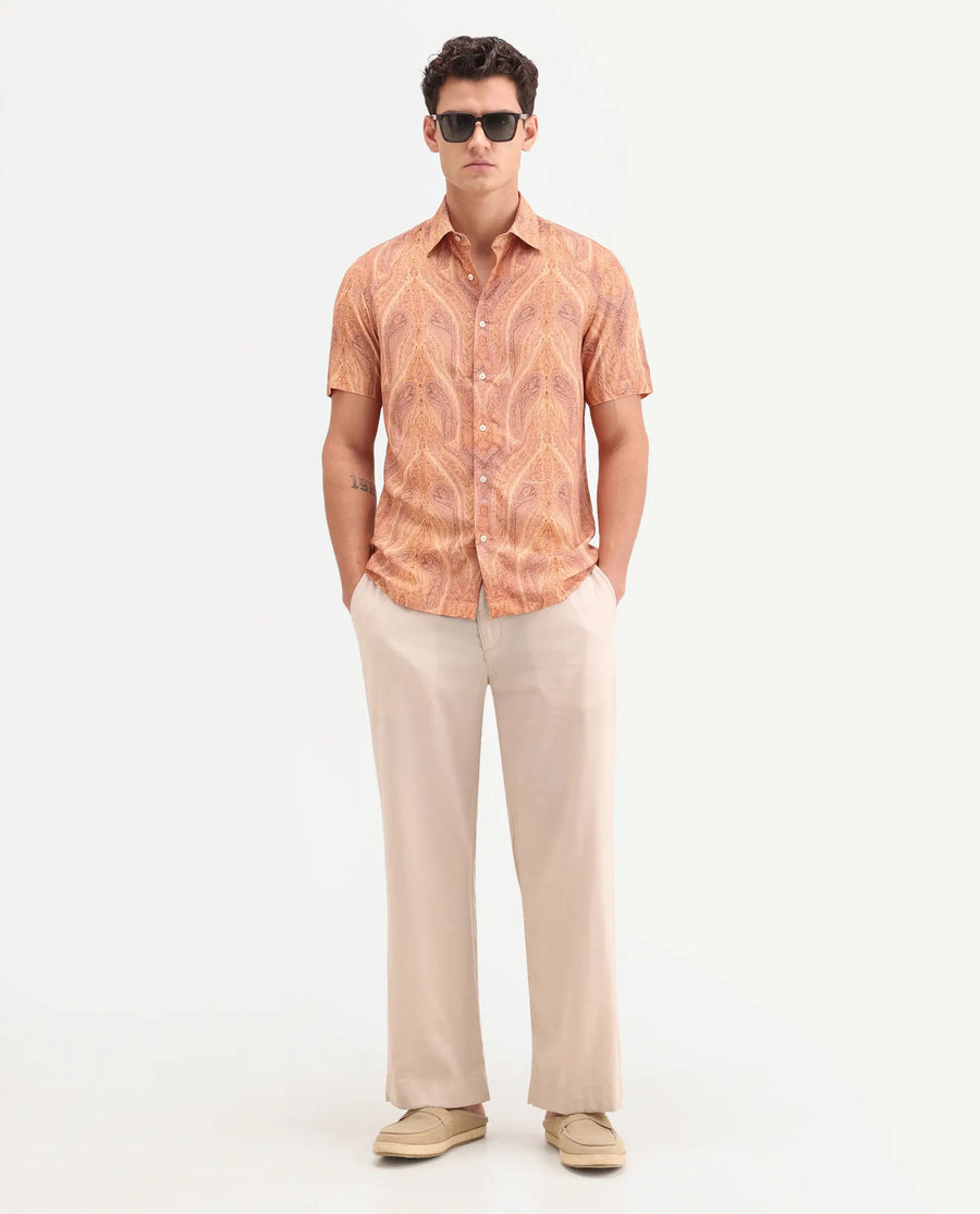 Rare Rabbit Men's Moru Beige Viscose Fabric Full Sleeve Spread Collar Regular Paisley Print Shirt