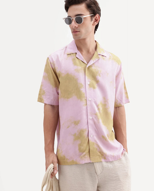 Rare Rabbit Men's Nate Light Pink Viscose Fabric Half Sleeve Cuban Collar Regular Abstract Print Shirt