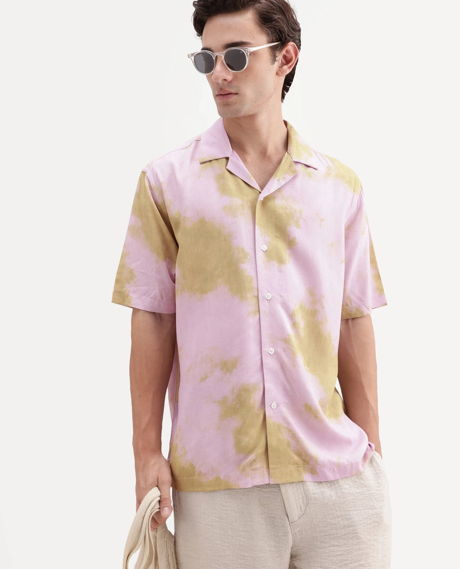 Rare Rabbit Men's Nate Light Pink Viscose Fabric Half Sleeve Cuban Collar Regular Abstract Print Shirt