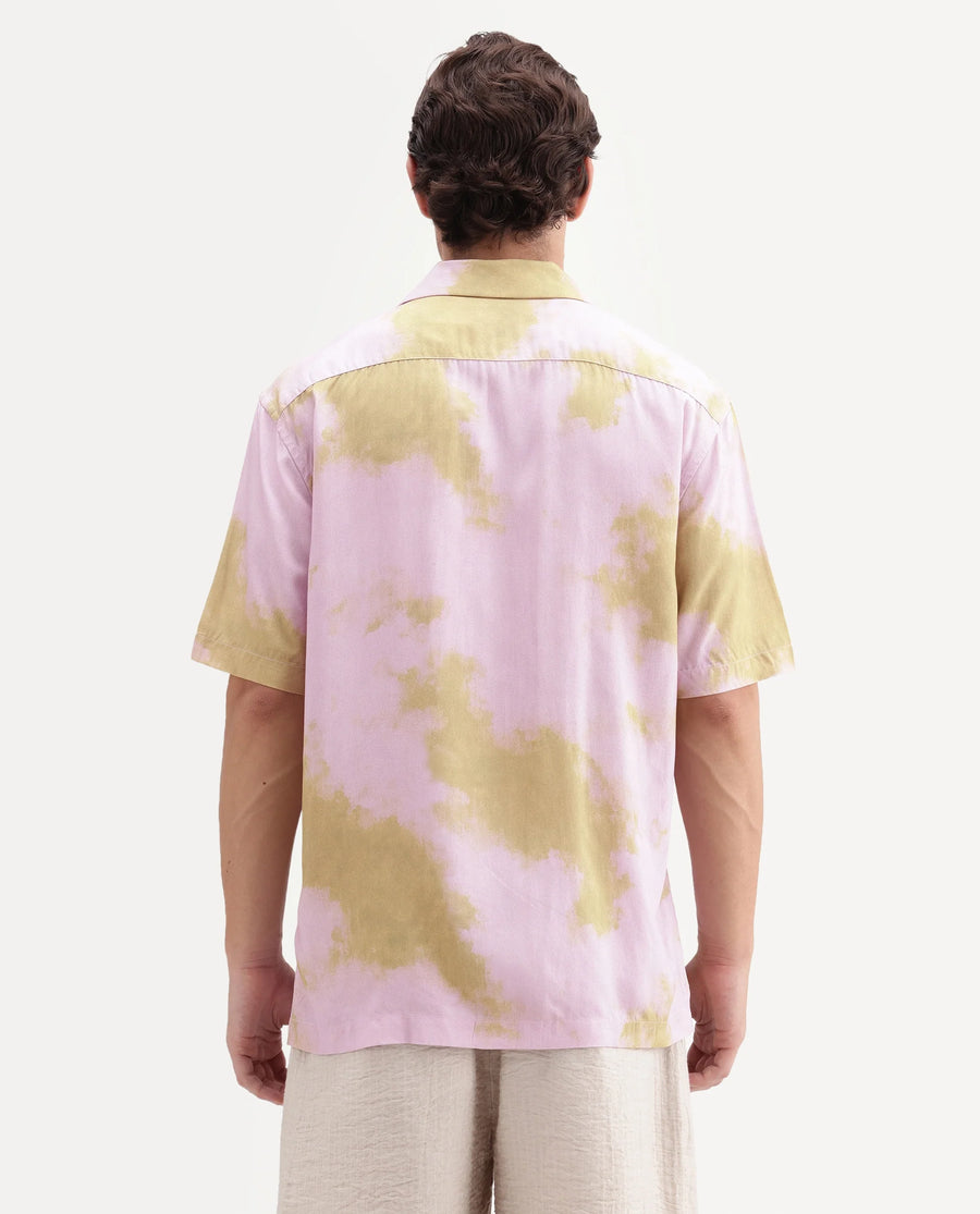 Rare Rabbit Men's Nate Light Pink Viscose Fabric Half Sleeve Cuban Collar Regular Abstract Print Shirt