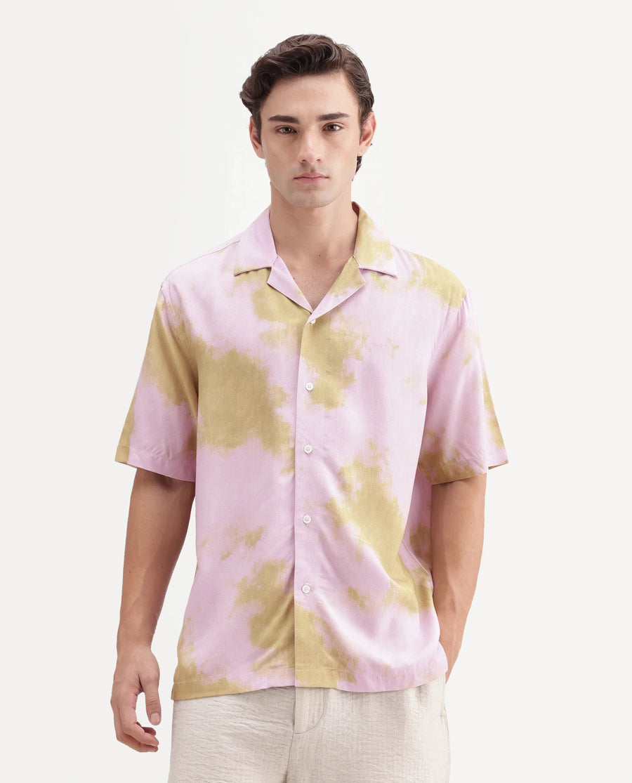 Rare Rabbit Men's Nate Light Pink Viscose Fabric Half Sleeve Cuban Collar Regular Abstract Print Shirt