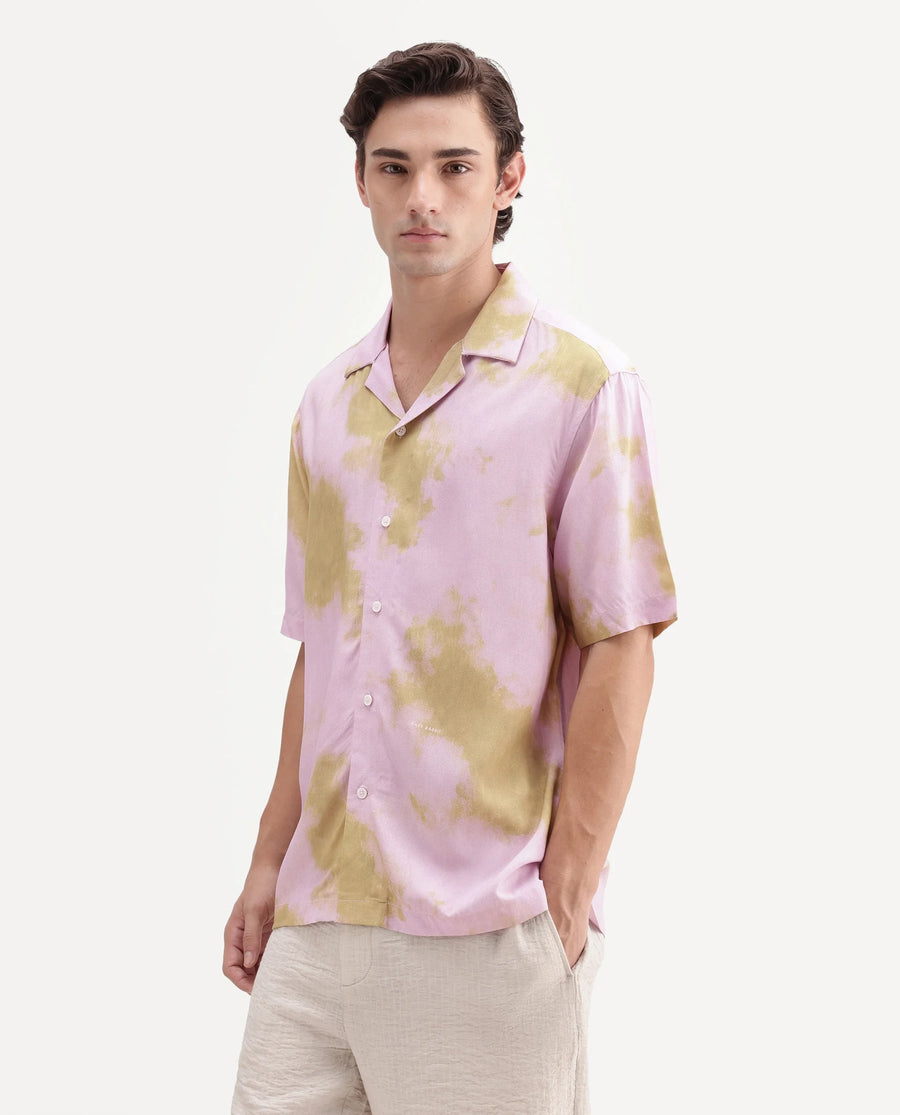 Rare Rabbit Men's Nate Light Pink Viscose Fabric Half Sleeve Cuban Collar Regular Abstract Print Shirt