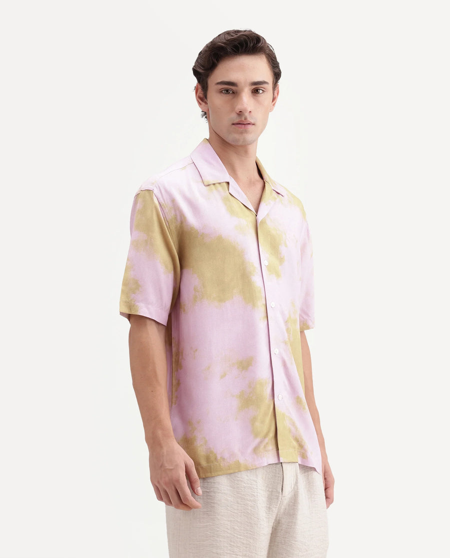 Rare Rabbit Men's Nate Light Pink Viscose Fabric Half Sleeve Cuban Collar Regular Abstract Print Shirt