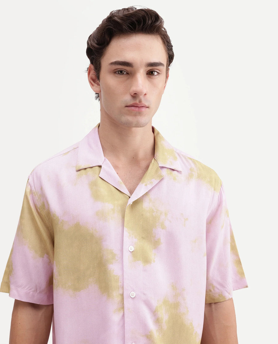 Rare Rabbit Men's Nate Light Pink Viscose Fabric Half Sleeve Cuban Collar Regular Abstract Print Shirt