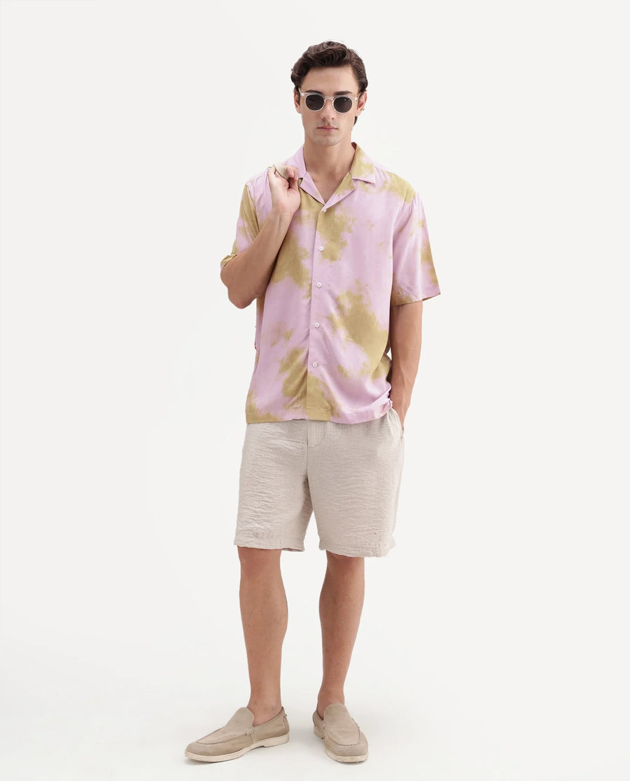 Rare Rabbit Men's Nate Light Pink Viscose Fabric Half Sleeve Cuban Collar Regular Abstract Print Shirt