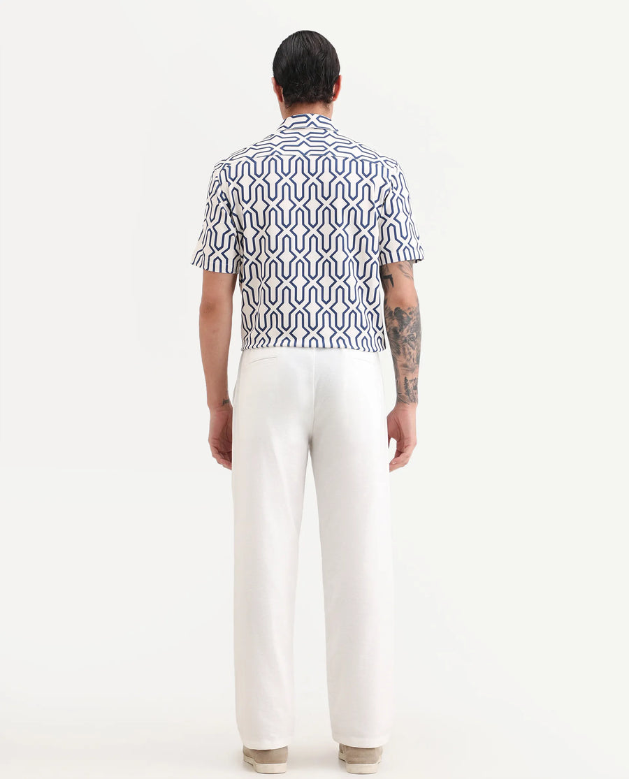 Rare Rabbit Men's Liao White Linen Blend Fabric Straight Fit Plain Trouser
