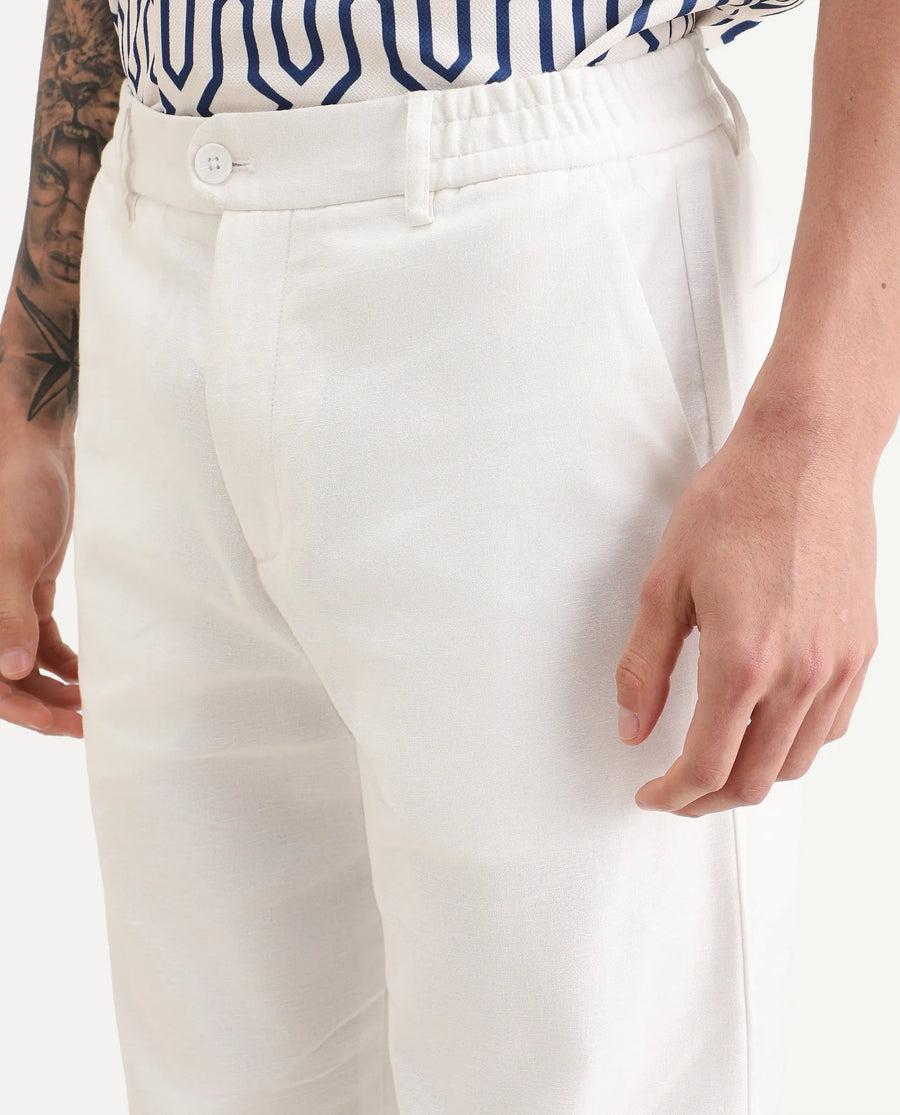 Rare Rabbit Men's Liao White Linen Blend Fabric Straight Fit Plain Trouser