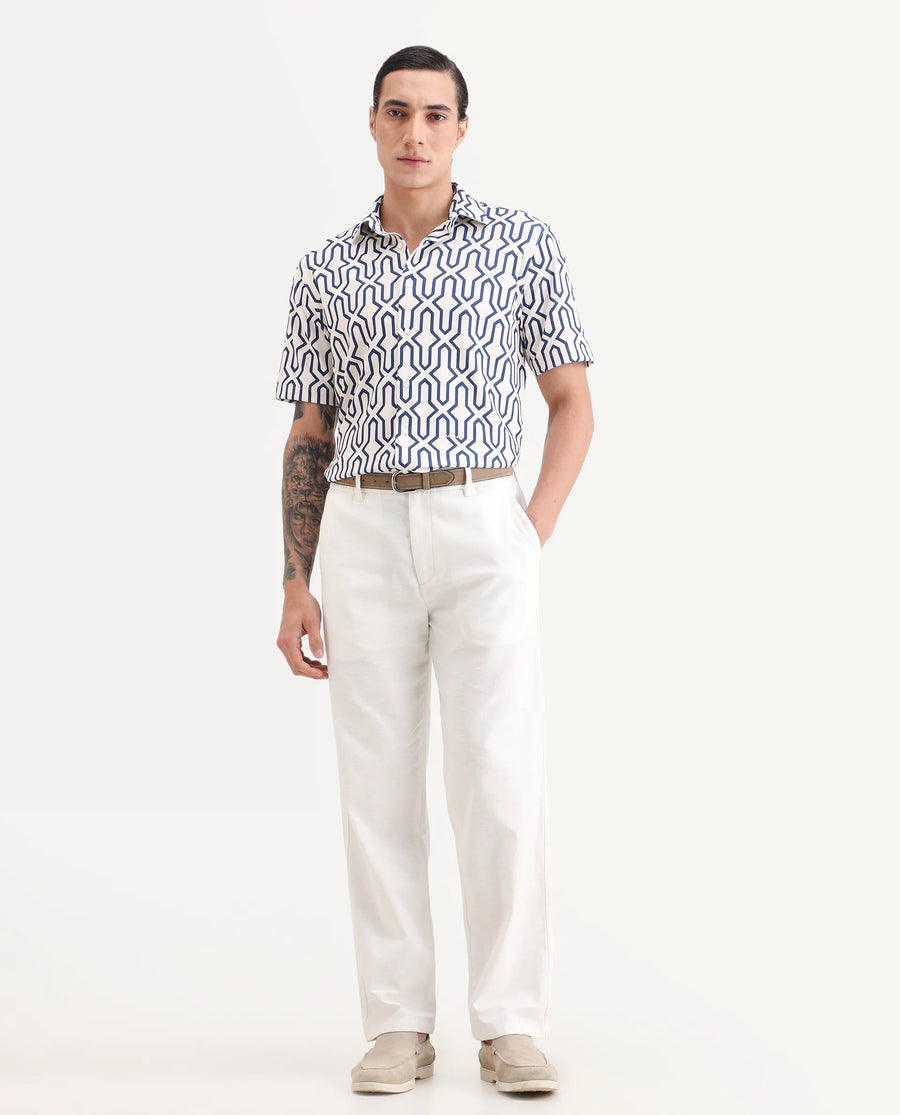 Rare Rabbit Men's Liao White Linen Blend Fabric Straight Fit Plain Trouser