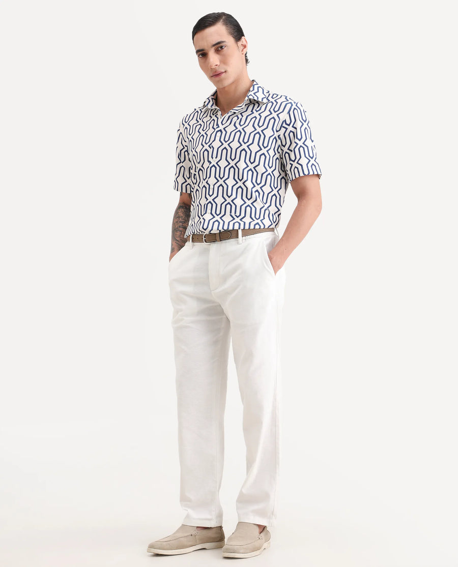 Rare Rabbit Men's Liao White Linen Blend Fabric Straight Fit Plain Trouser