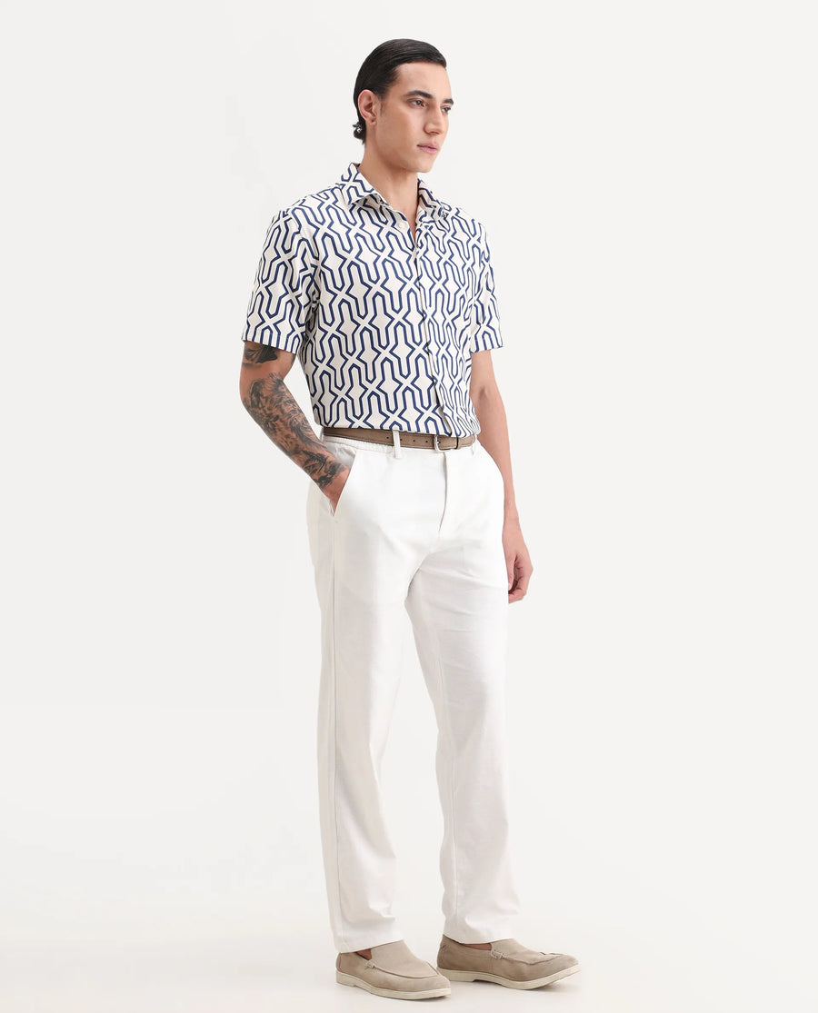 Rare Rabbit Men's Liao White Linen Blend Fabric Straight Fit Plain Trouser