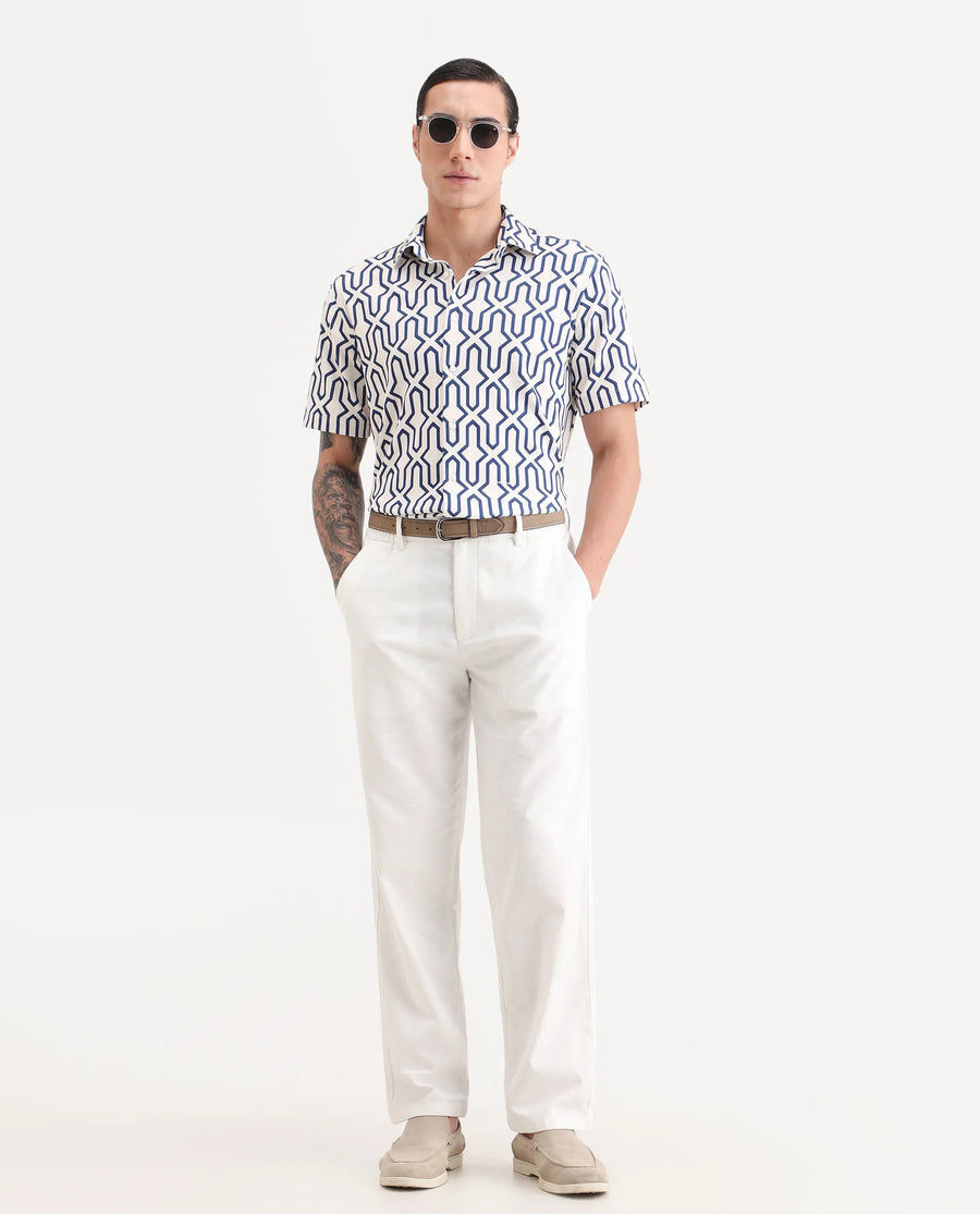 Rare Rabbit Men's Liao White Linen Blend Fabric Straight Fit Plain Trouser
