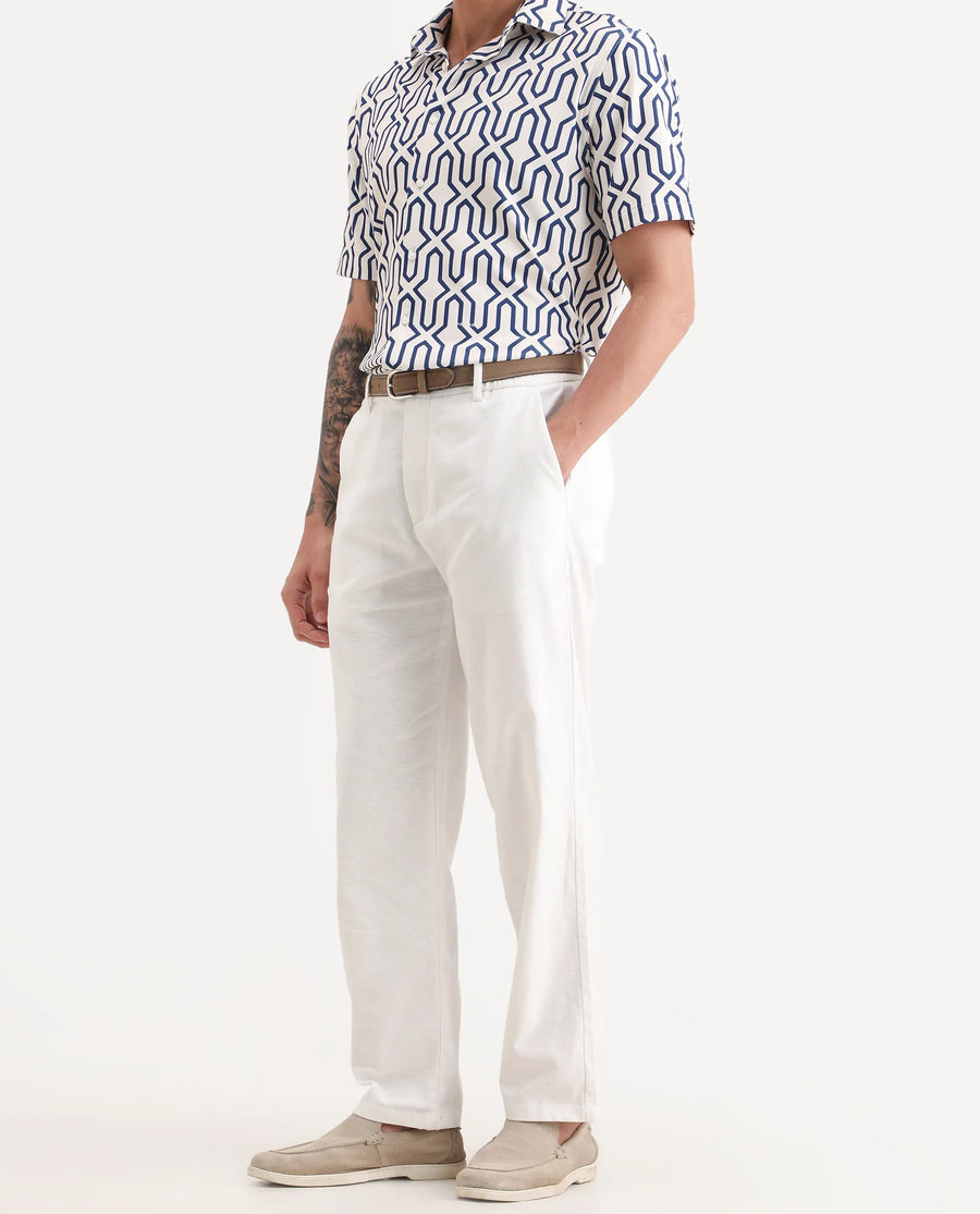 Rare Rabbit Men's Liao White Linen Blend Fabric Straight Fit Plain Trouser