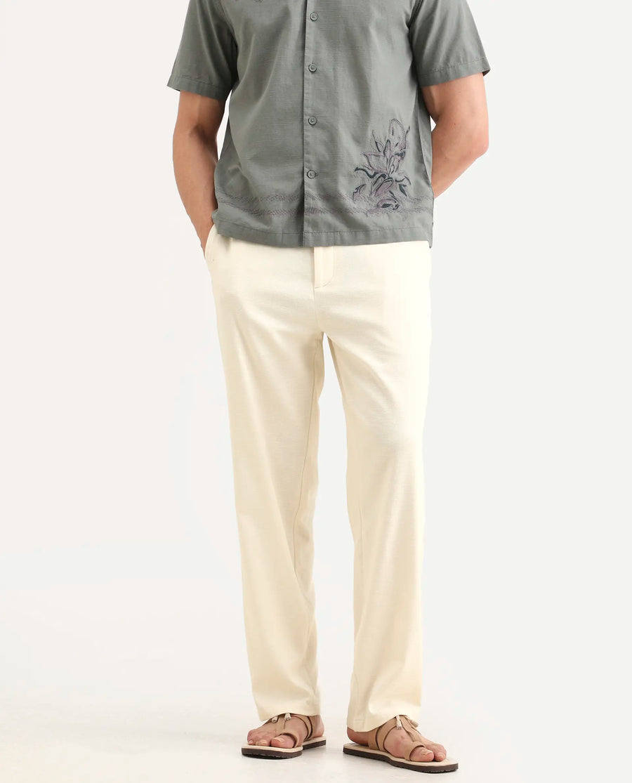 Rare Rabbit Men's Liao Beige Linen Blend Fabric Straight Fit Plain Trouser