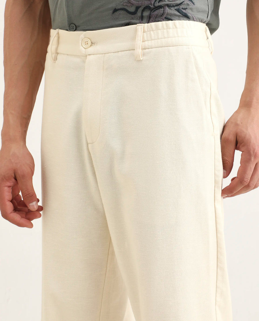 Rare Rabbit Men's Liao Beige Linen Blend Fabric Straight Fit Plain Trouser