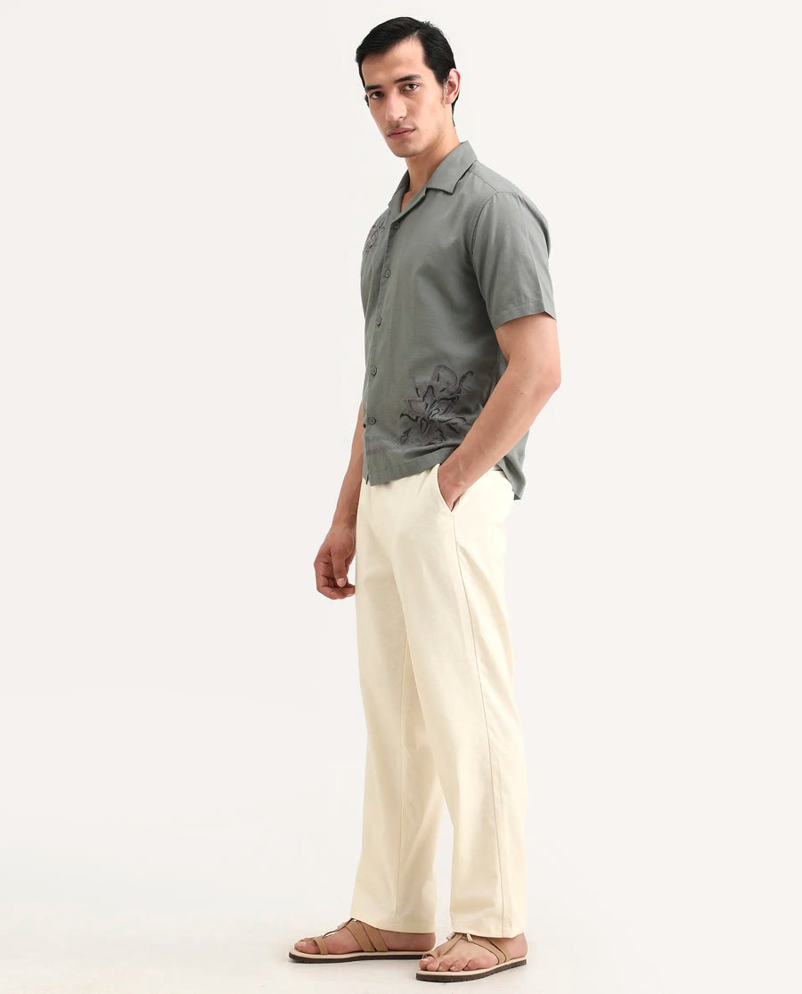 Rare Rabbit Men's Liao Beige Linen Blend Fabric Straight Fit Plain Trouser