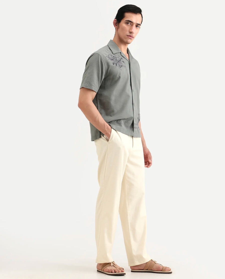 Rare Rabbit Men's Liao Beige Linen Blend Fabric Straight Fit Plain Trouser