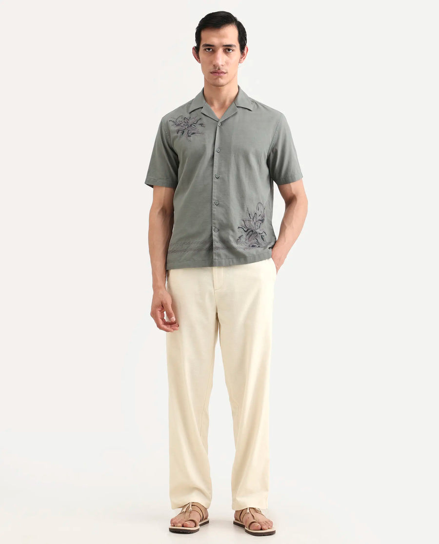 Rare Rabbit Men's Liao Beige Linen Blend Fabric Straight Fit Plain Trouser