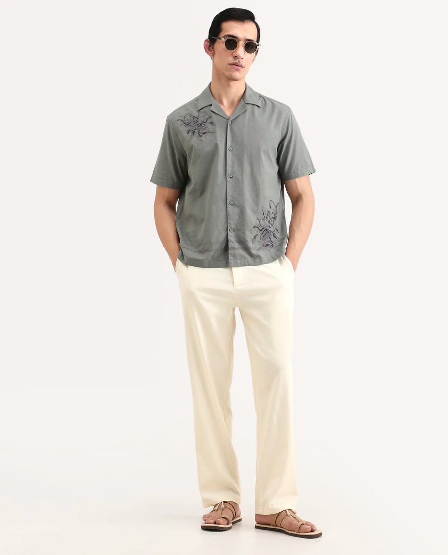 Rare Rabbit Men's Liao Beige Linen Blend Fabric Straight Fit Plain Trouser