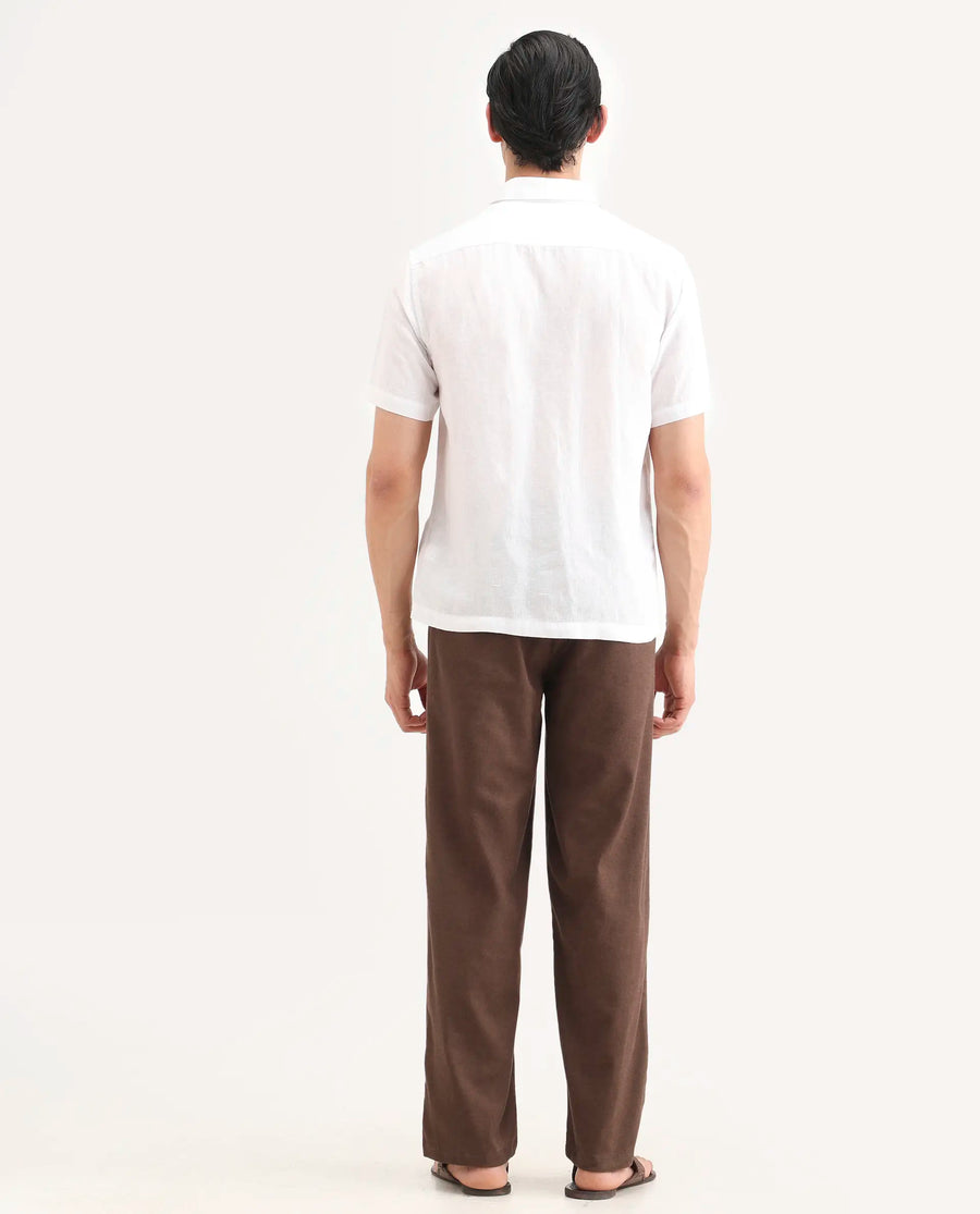 Rare Rabbit Men's Liao Dark Brown Linen Blend Fabric Straight Fit Plain Trouser