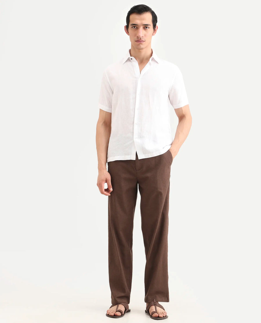 Rare Rabbit Men's Liao Dark Brown Linen Blend Fabric Straight Fit Plain Trouser