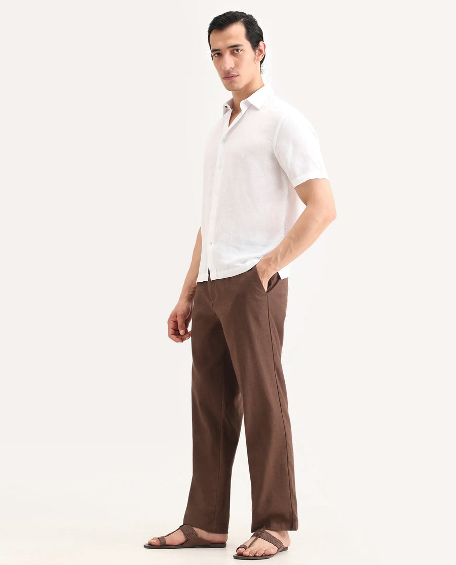 Rare Rabbit Men's Liao Dark Brown Linen Blend Fabric Straight Fit Plain Trouser