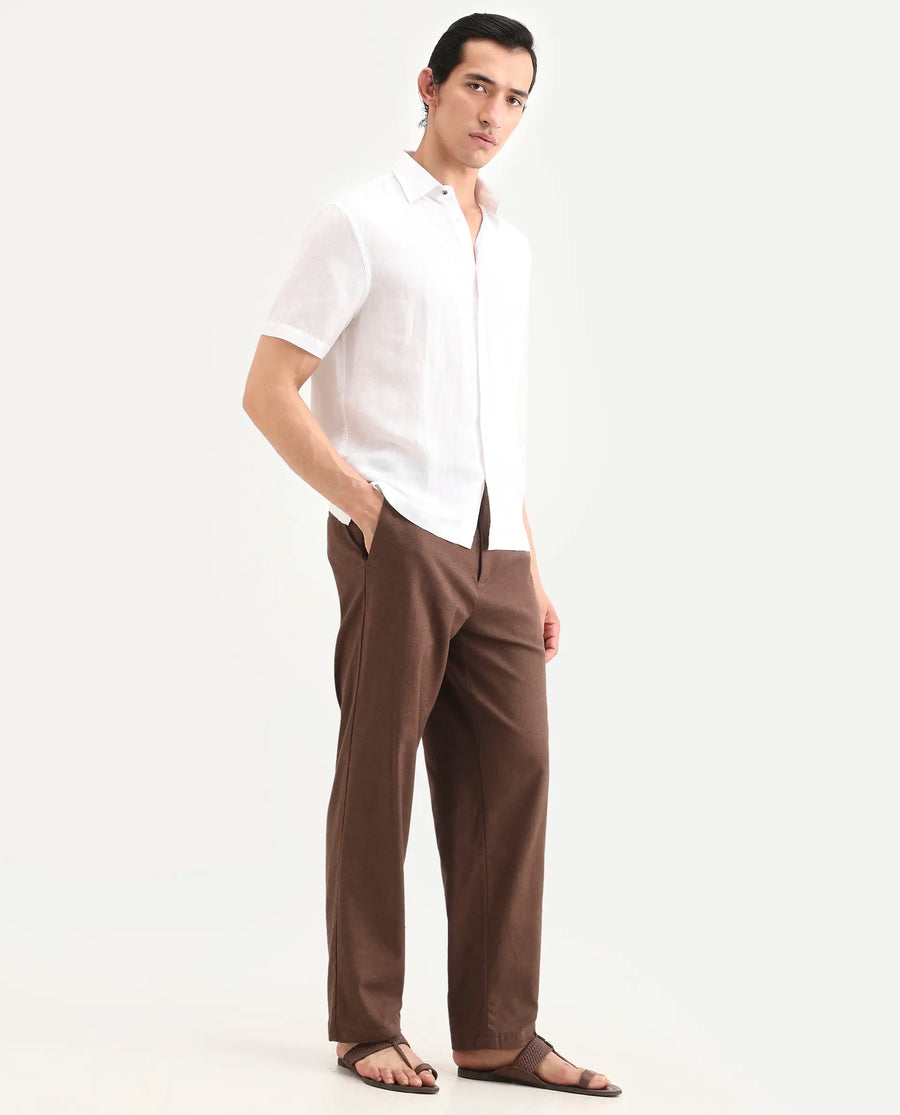 Rare Rabbit Men's Liao Dark Brown Linen Blend Fabric Straight Fit Plain Trouser