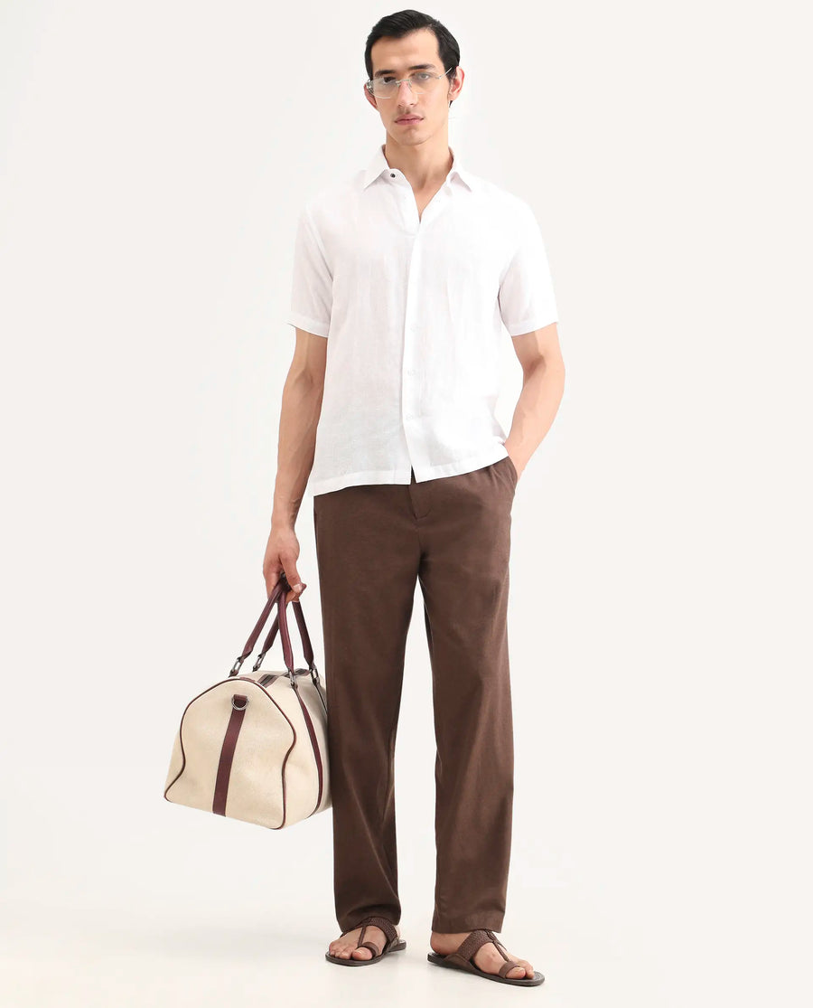 Rare Rabbit Men's Liao Dark Brown Linen Blend Fabric Straight Fit Plain Trouser
