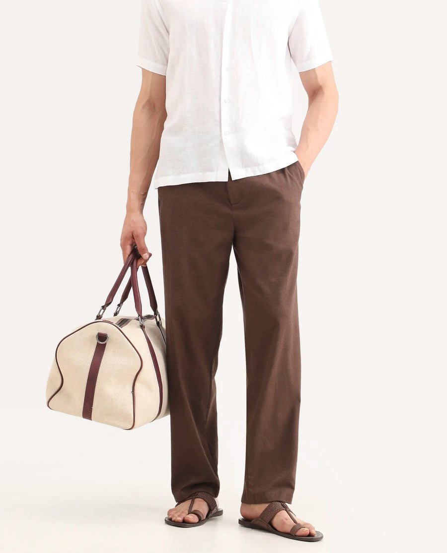 Rare Rabbit Men's Liao Dark Brown Linen Blend Fabric Straight Fit Plain Trouser