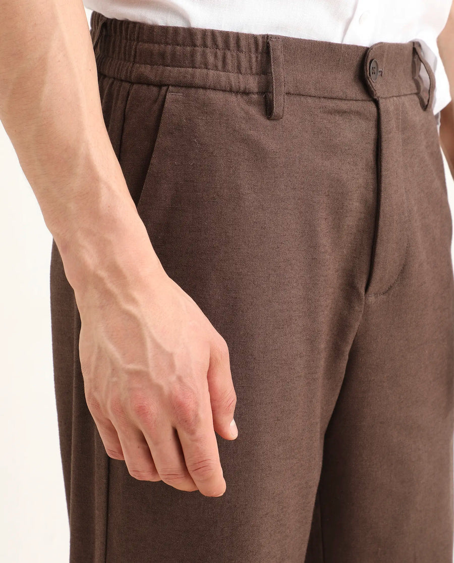 Rare Rabbit Men's Liao Dark Brown Linen Blend Fabric Straight Fit Plain Trouser