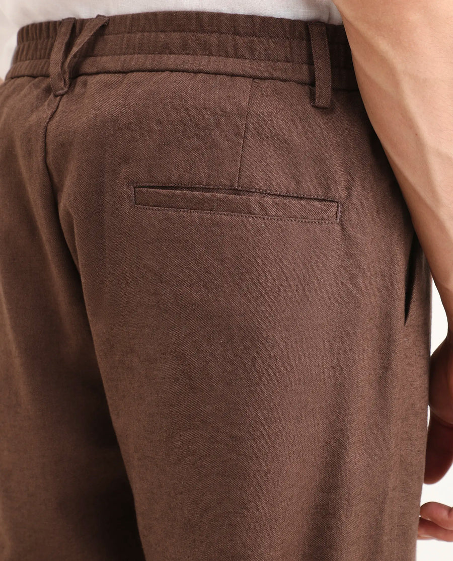Rare Rabbit Men's Liao Dark Brown Linen Blend Fabric Straight Fit Plain Trouser