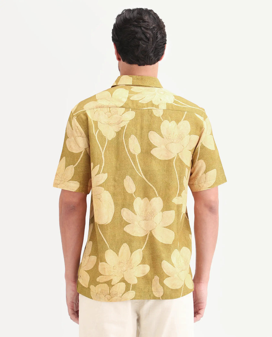 Rare Rabbit Men's Yara Light Mustard Viscose Fabric Half Sleeve Spread Collar Regular Floral Print Shirt