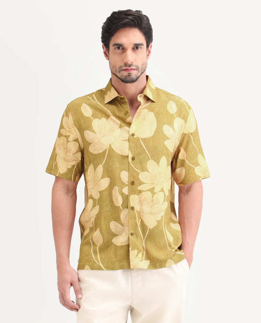 Rare Rabbit Men's Yara Light Mustard Viscose Fabric Half Sleeve Spread Collar Regular Floral Print Shirt