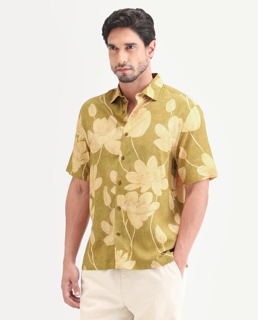 Rare Rabbit Men's Yara Light Mustard Viscose Fabric Half Sleeve Spread Collar Regular Floral Print Shirt