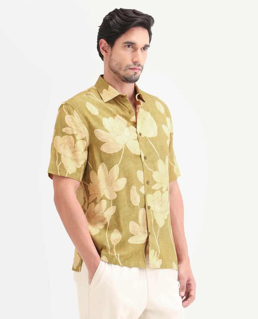 Rare Rabbit Men's Yara Light Mustard Viscose Fabric Half Sleeve Spread Collar Regular Floral Print Shirt