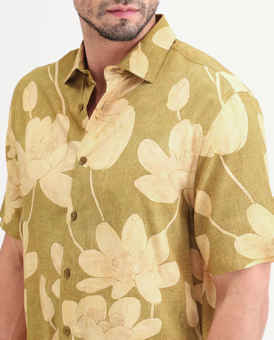 Rare Rabbit Men's Yara Light Mustard Viscose Fabric Half Sleeve Spread Collar Regular Floral Print Shirt